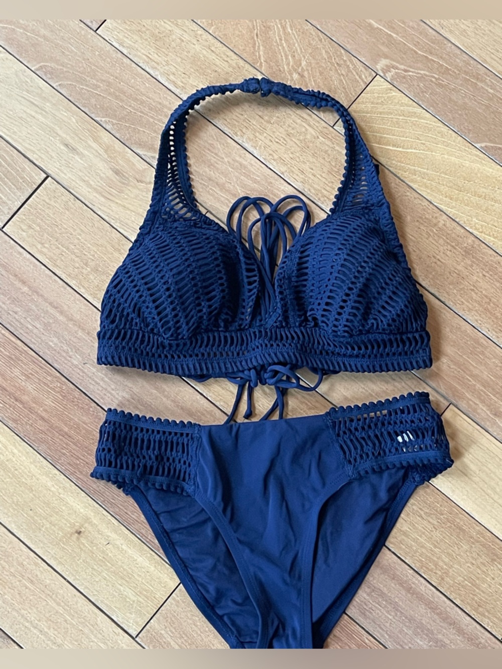 Robin Piccone Sophia Crochet Halter Bikini Set Navy Blue Medium - Picture 3 of 14